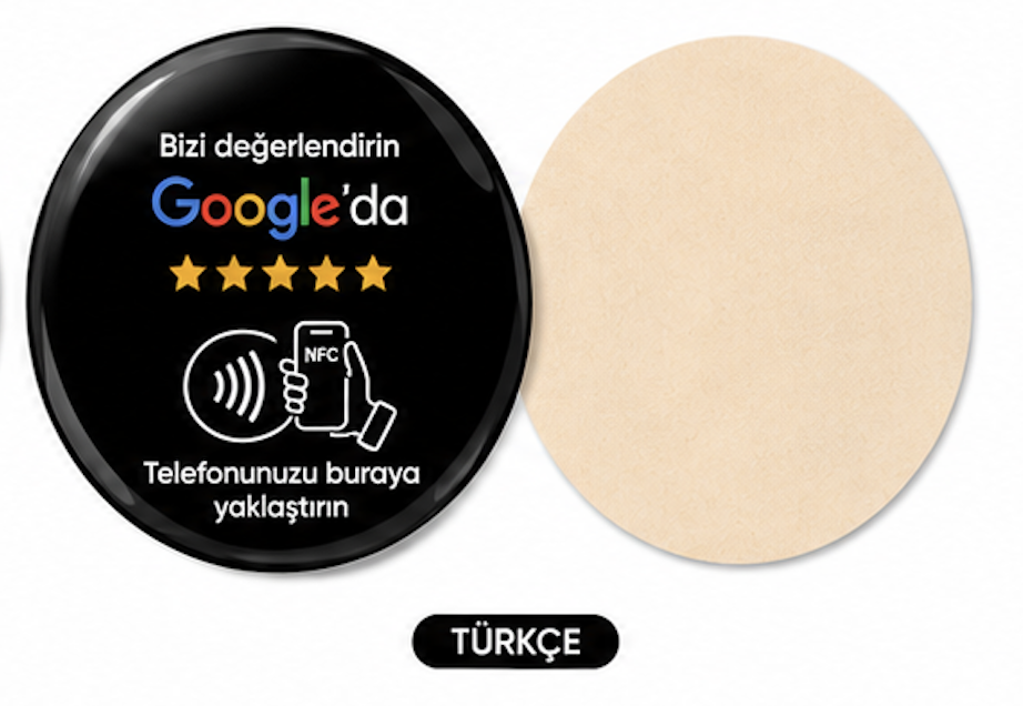 5x5 cm Epoksi Kaplı Damla Etiketli 3B Görünümlü NFC Google Yorum Kartı – Yuvarlak Siyah Türkçe