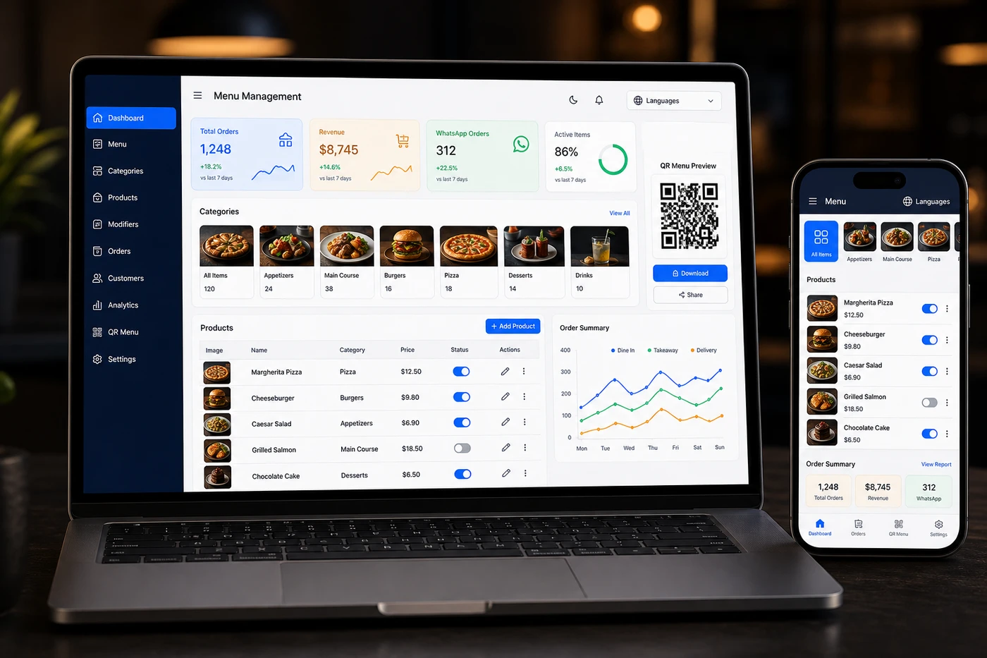 Tia Yazılım restoran QR menü yönetim paneli ve mobil menü görünümü
