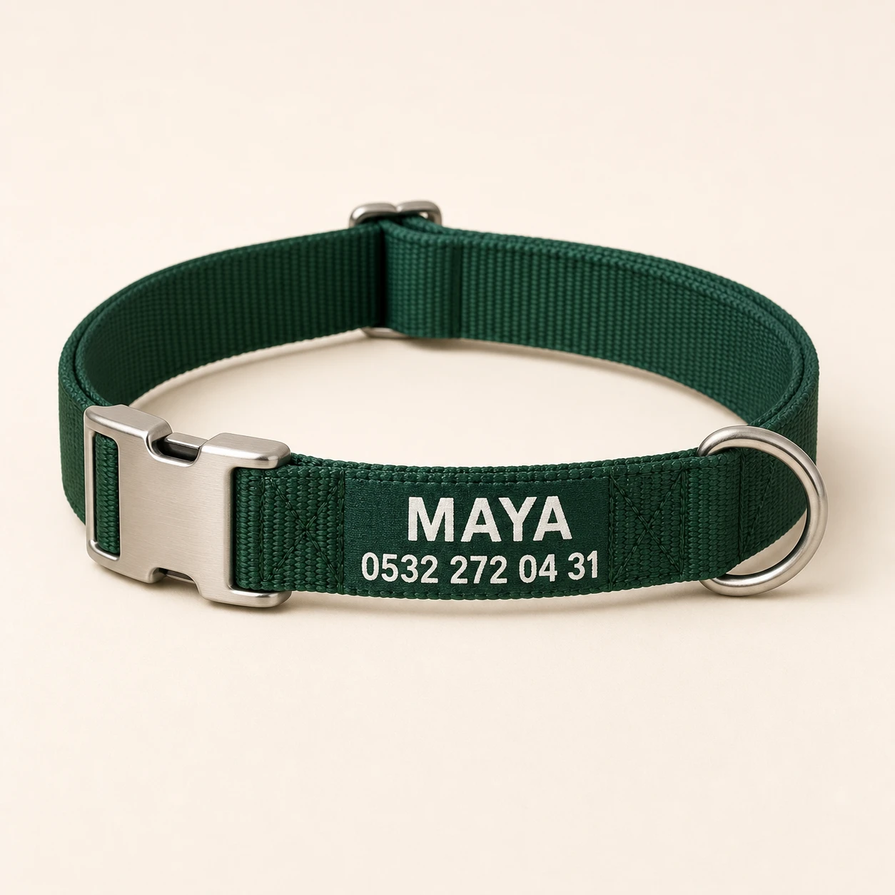 Maya ismi ve telefon numarası baskılı yeşil köpek tasması