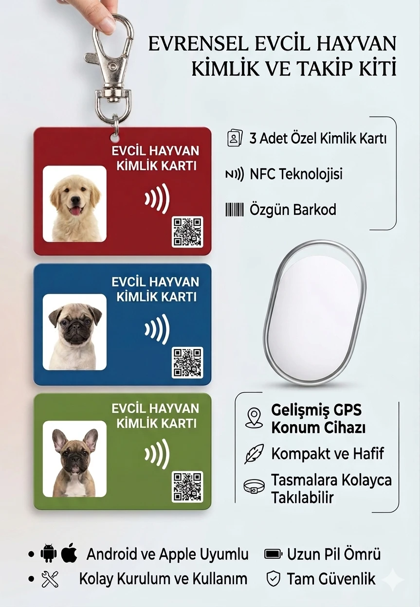 Üç pet kimlik kartı, NFC, QR barkod ve GPS takip cihazı paket içeriği
