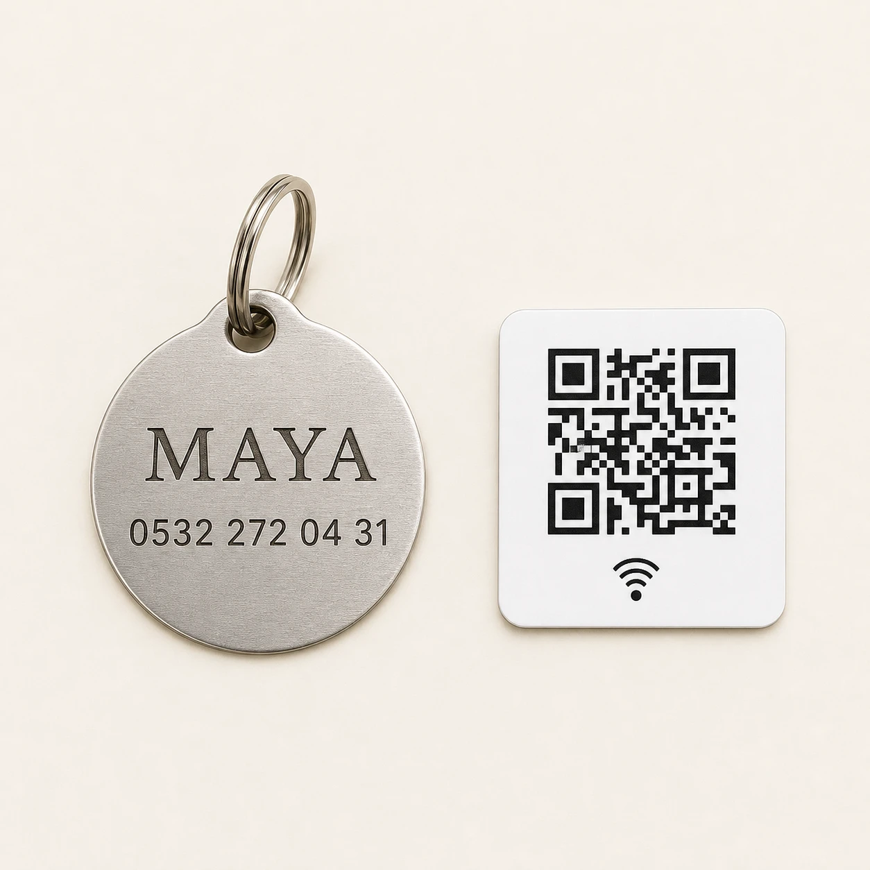 Telefon numarası baskılı pet madalyonu ve QR NFC kimlik kartı