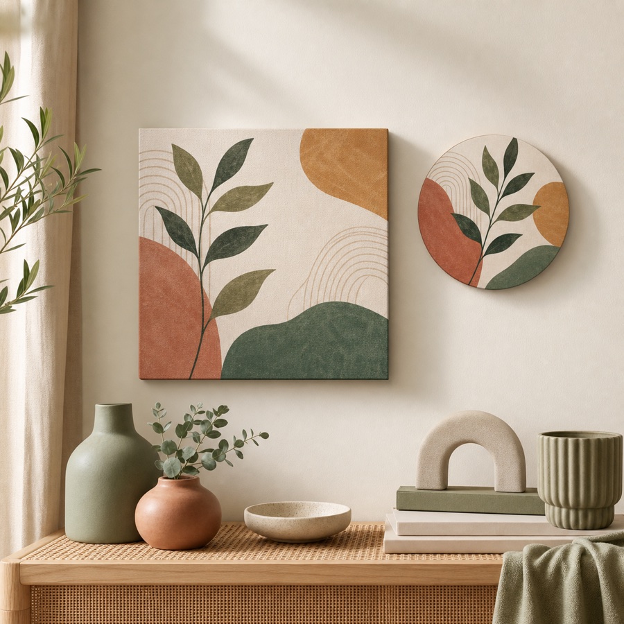 Botanik desenli kanvas ve yuvarlak MDF dekor ürünleri
